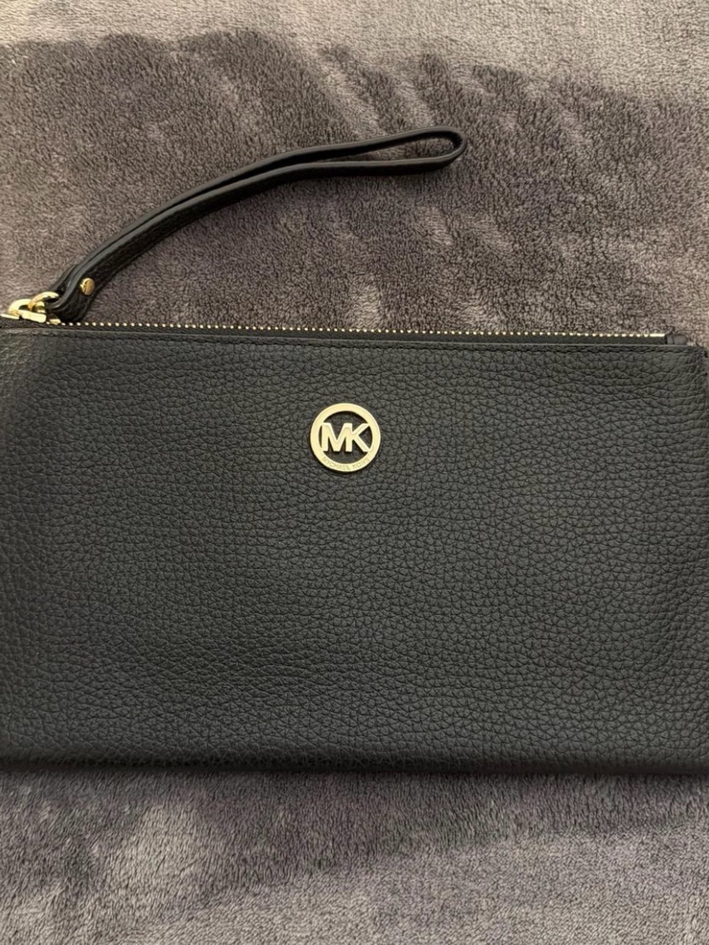 Michael Kors Black Pebbled Leather Zip Wristlet with Gold MK Logo